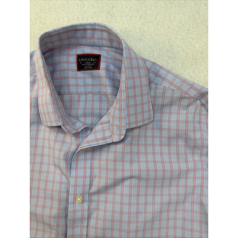 UNTUCKit Shirt Mens Large Pink Blue Plaid Wrinkle Free Long Sleeve Button Down